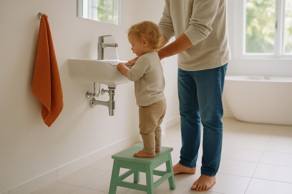 Ein Kleinkind steht auf einem Hocker am Waschbecken und wäscht sich gemeinsam mit einem Elternteil die Hände.